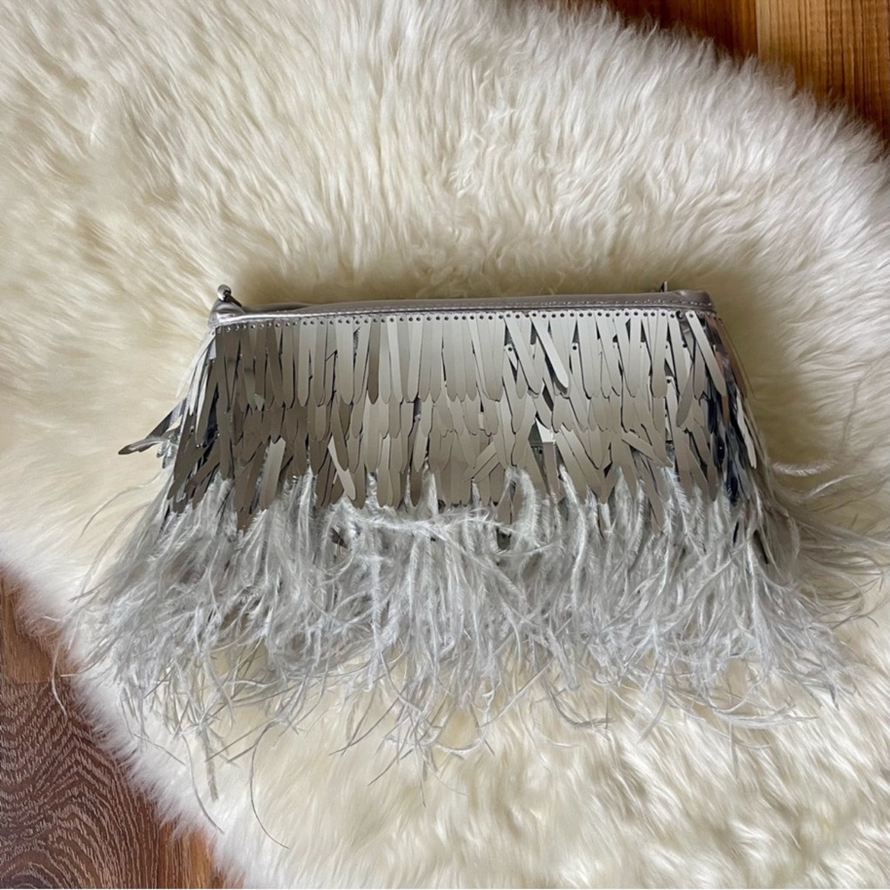 COPY - Silver Metallic Fringe & Feathers Evening Bag